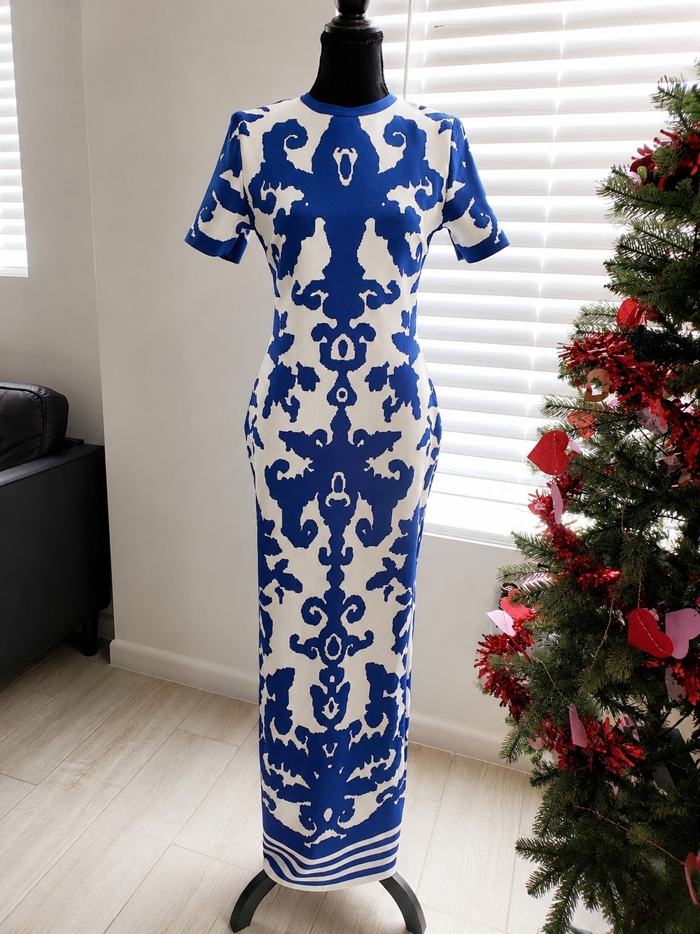 Blue and White Patterned Maxi Dress
